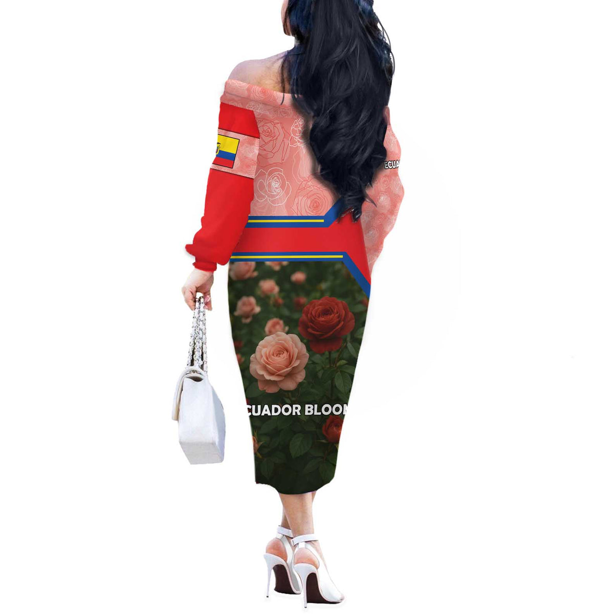 Ecuador Off The Shoulder Long Sleeve Dress with Rose Garden and Floral Texture Design - Wonder Print Shop
