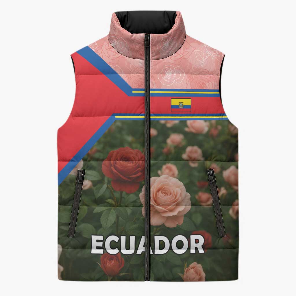 Ecuador Sleeveless Puffer Jacket with Rose Garden and Floral Texture Design - Wonder Print Shop