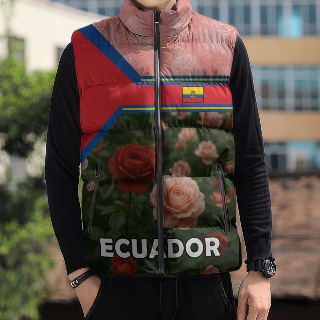 Ecuador Sleeveless Puffer Jacket with Rose Garden and Floral Texture Design - Wonder Print Shop