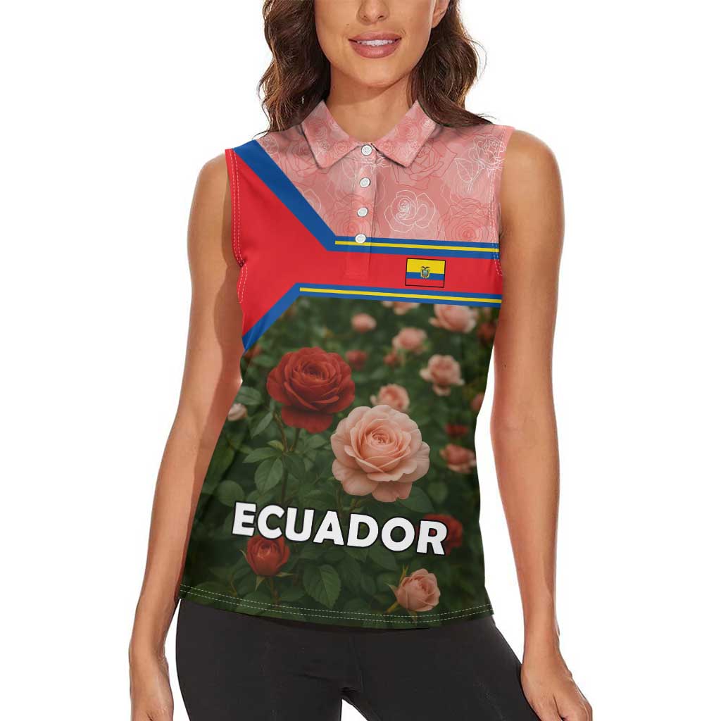 Ecuador Women Sleeveless Polo Shirt with Rose Garden and Floral Texture Design - Wonder Print Shop