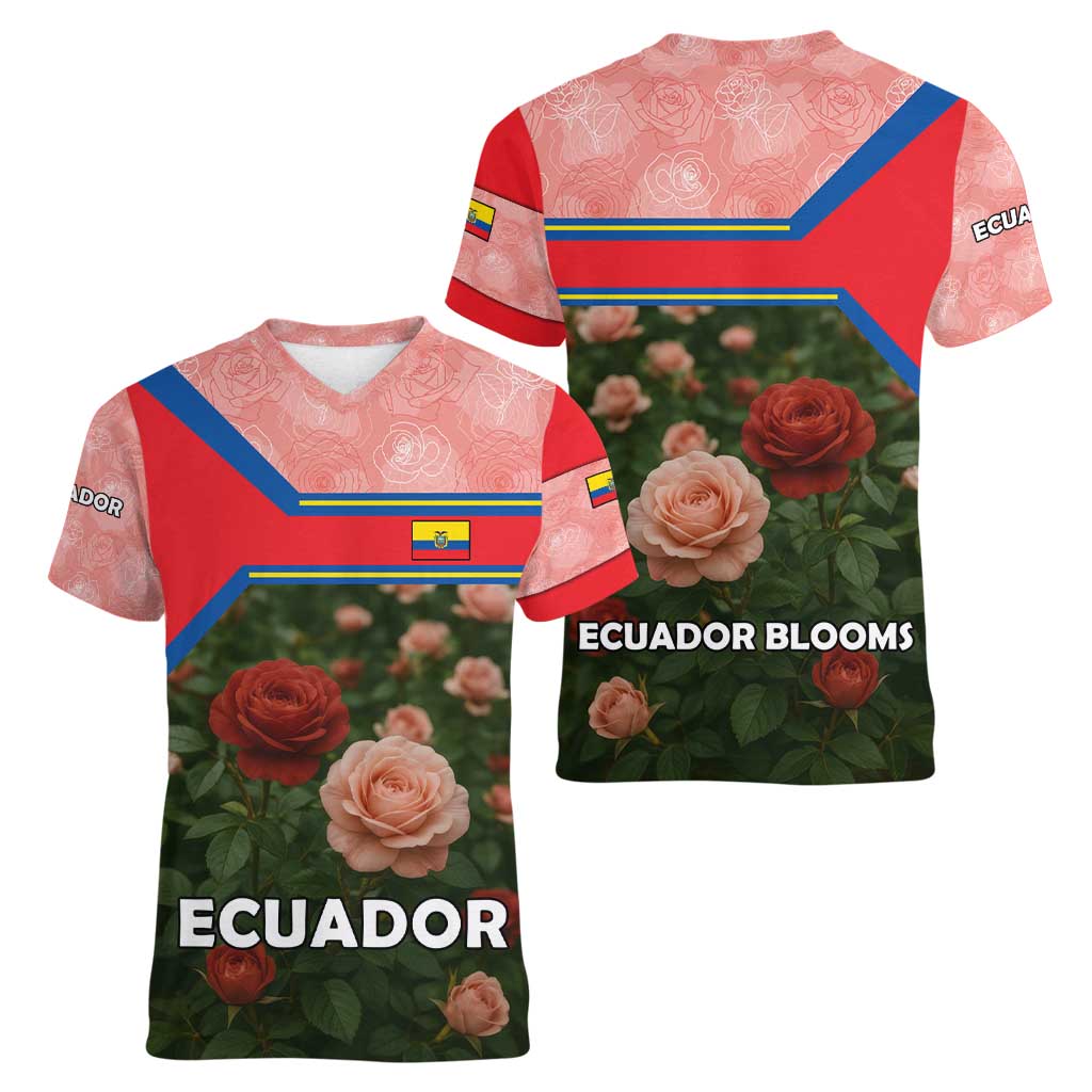 Ecuador Women V-Neck T-Shirt with Rose Garden and Floral Texture Design - Wonder Print Shop
