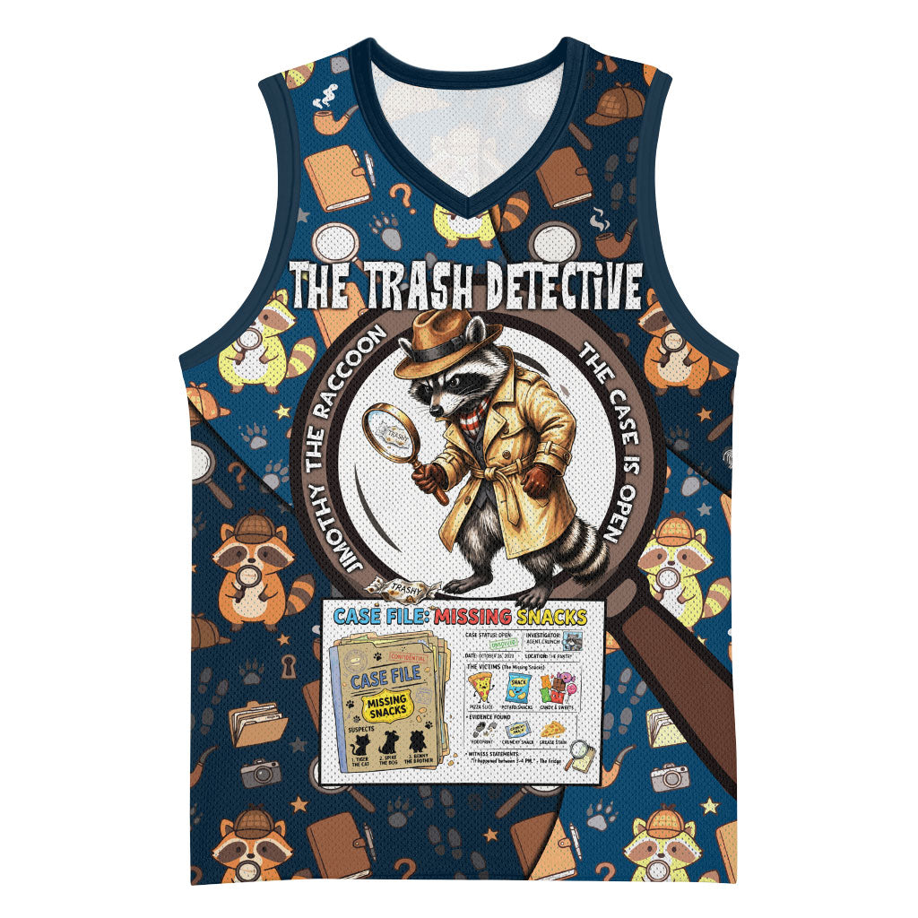 Jimothy The Raccoon The Trash Detective Basketball Jersey Funny Noir Sleuth Missing Snacks Crime Mystery