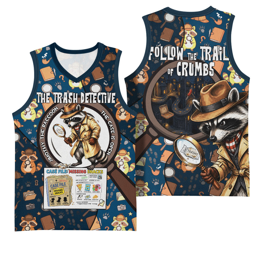 Jimothy The Raccoon The Trash Detective Basketball Jersey Funny Noir Sleuth Missing Snacks Crime Mystery
