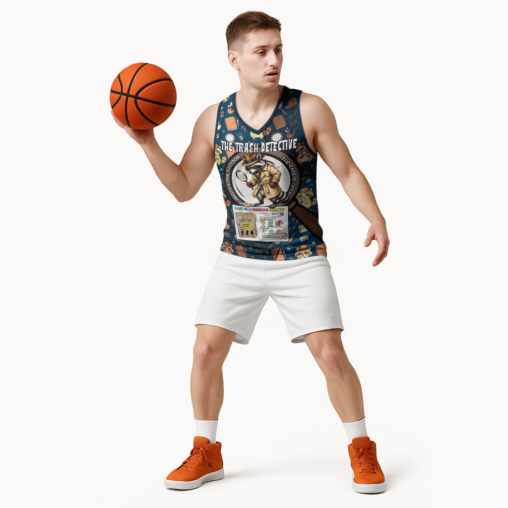 Jimothy The Raccoon The Trash Detective Basketball Jersey Funny Noir Sleuth Missing Snacks Crime Mystery