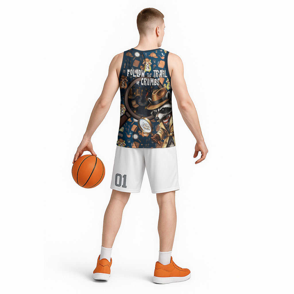 Jimothy The Raccoon The Trash Detective Basketball Jersey Funny Noir Sleuth Missing Snacks Crime Mystery