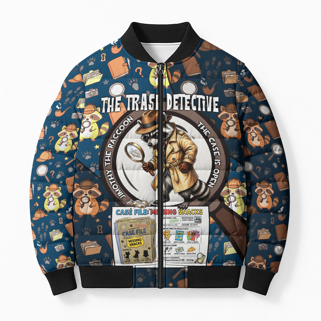 Jimothy The Raccoon The Trash Detective Bomber Puffer Jacket Funny Noir Sleuth Missing Snacks Crime Mystery