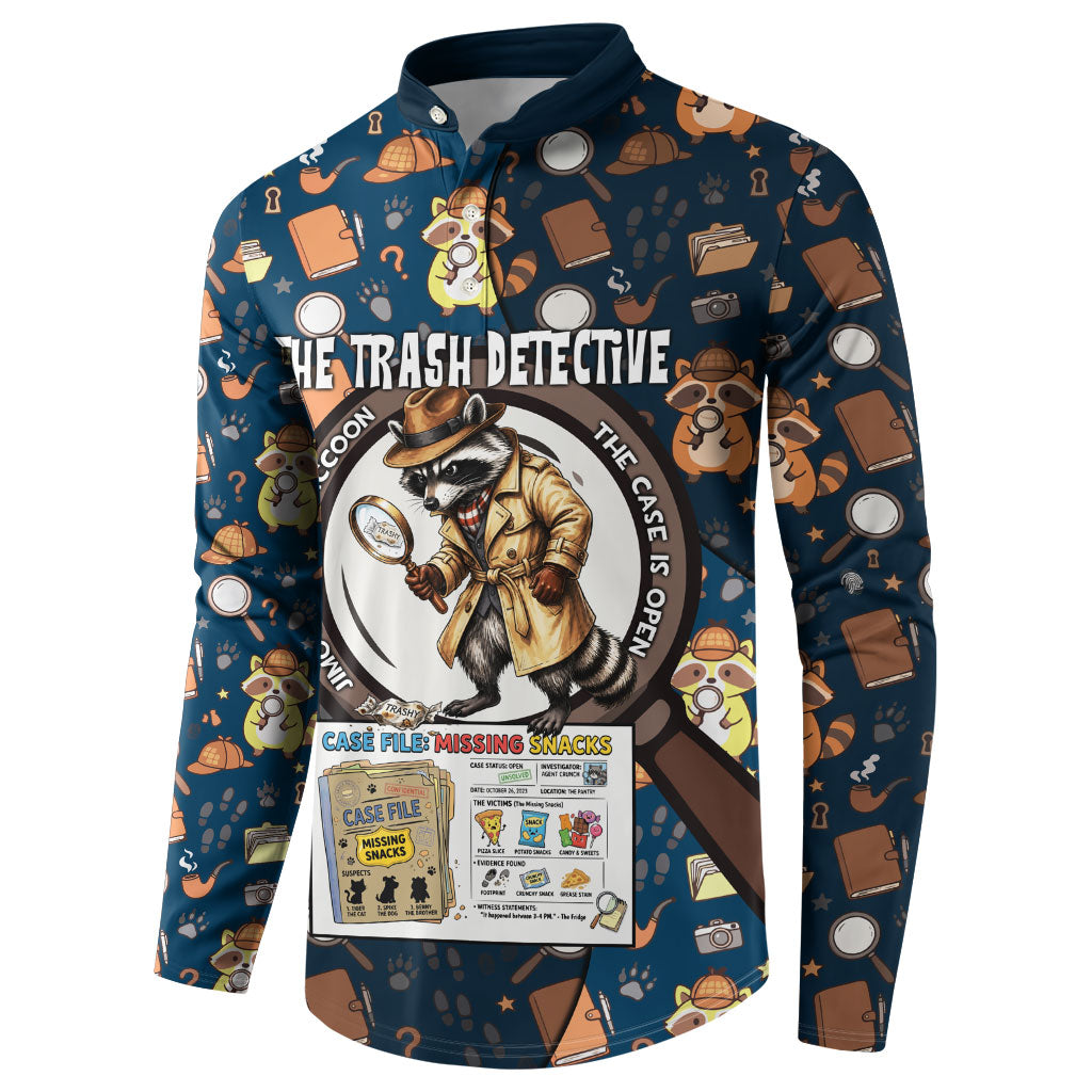 Jimothy The Raccoon The Trash Detective Button Sweatshirt Funny Noir Sleuth Missing Snacks Crime Mystery