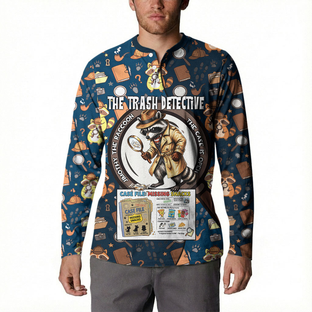 Jimothy The Raccoon The Trash Detective Button Sweatshirt Funny Noir Sleuth Missing Snacks Crime Mystery