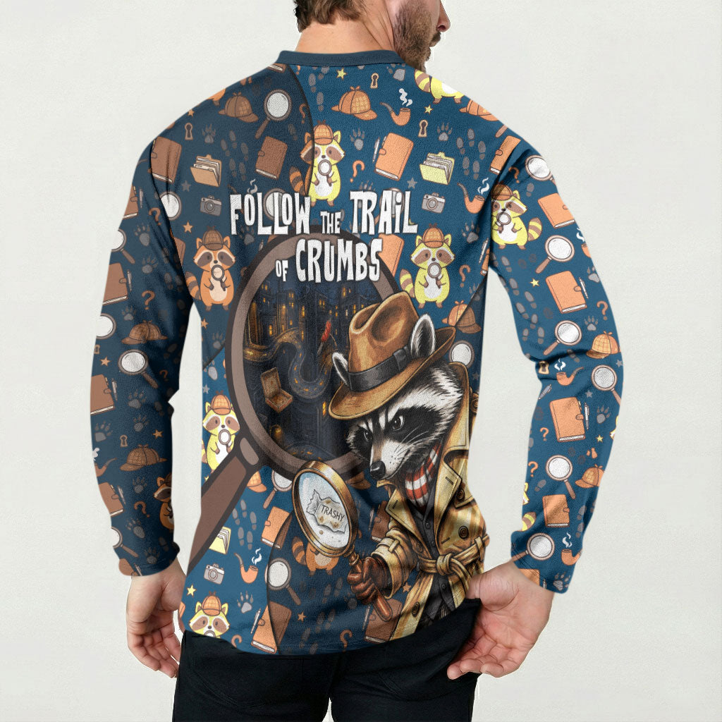 Jimothy The Raccoon The Trash Detective Button Sweatshirt Funny Noir Sleuth Missing Snacks Crime Mystery