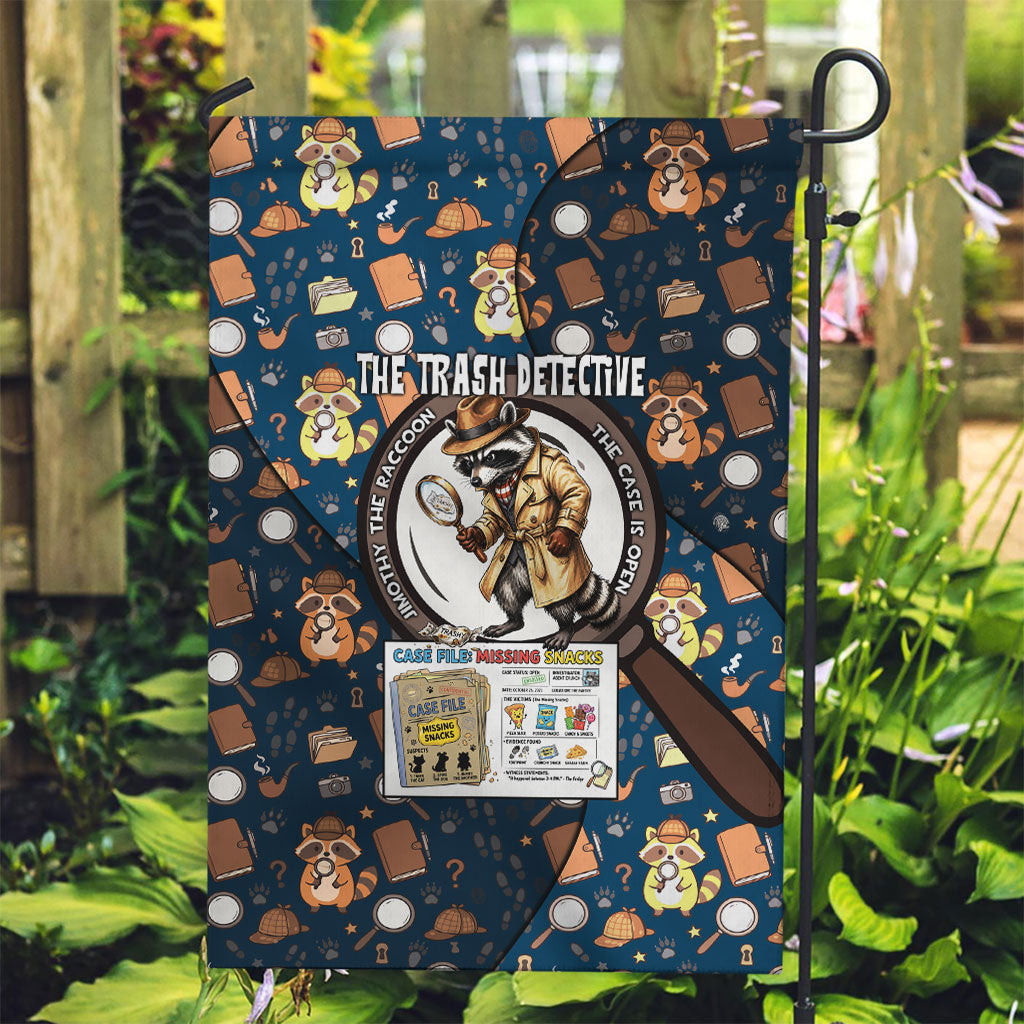 Jimothy The Raccoon The Trash Detective Garden Flag Funny Noir Sleuth Missing Snacks Crime Mystery