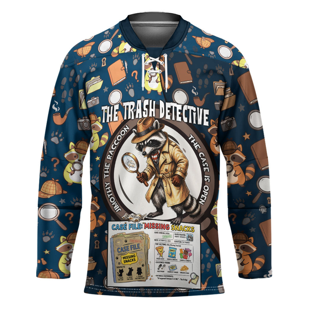 Jimothy The Raccoon The Trash Detective Hockey Jersey Funny Noir Sleuth Missing Snacks Crime Mystery