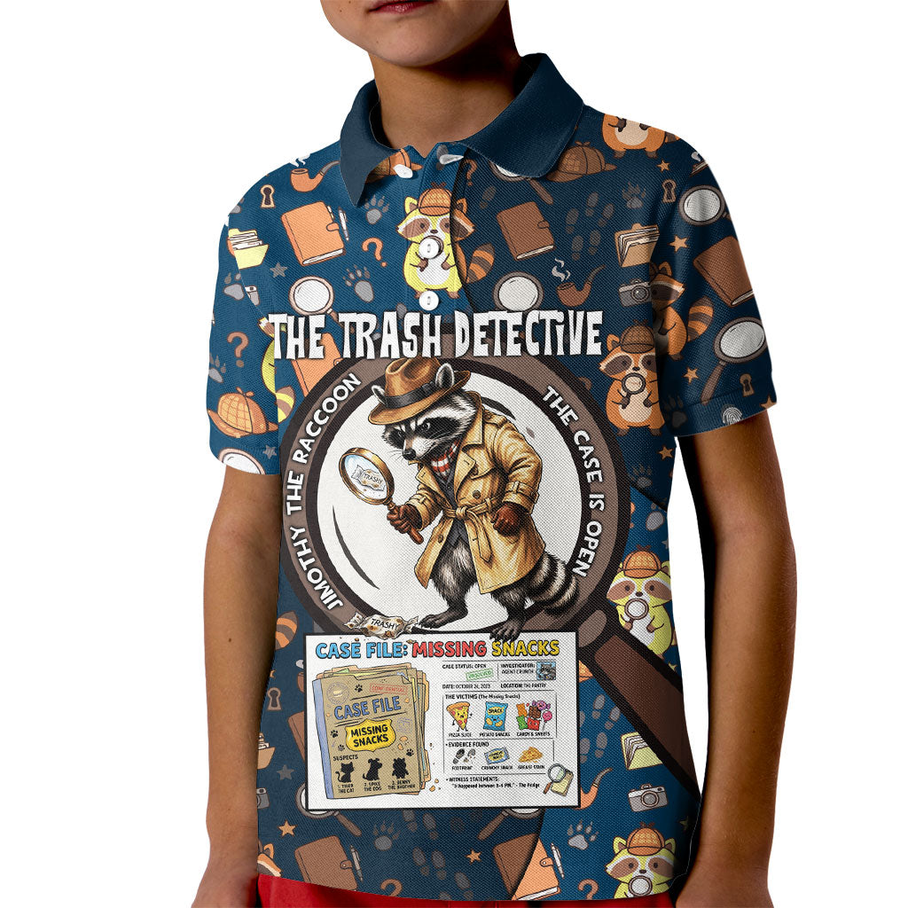 Jimothy The Raccoon The Trash Detective Kid Polo Shirt Funny Noir Sleuth Missing Snacks Crime Mystery