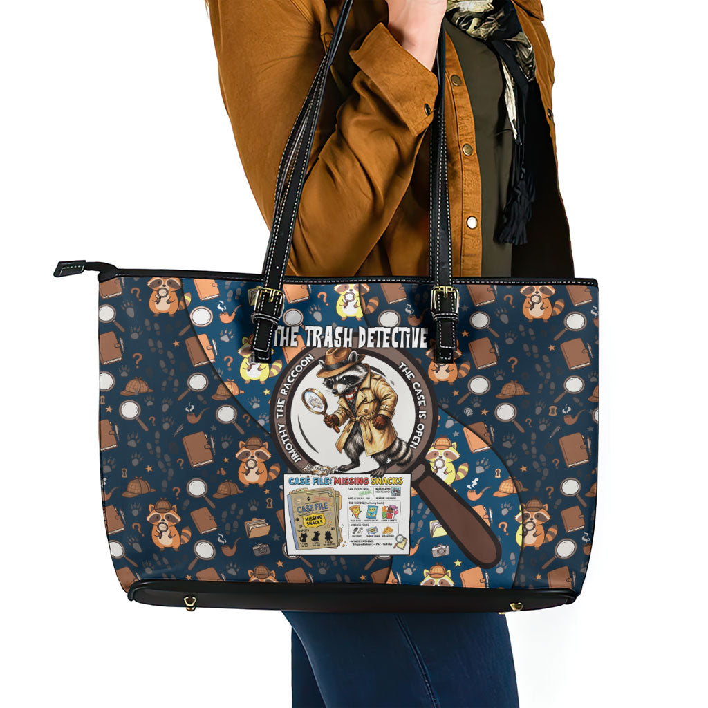 Jimothy The Raccoon The Trash Detective Leather Tote Bag Funny Noir Sleuth Missing Snacks Crime Mystery
