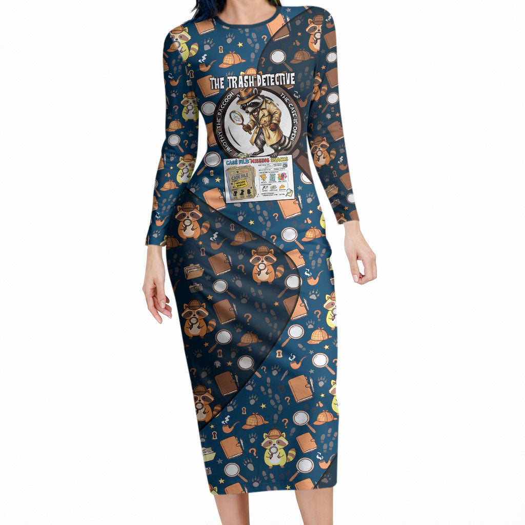 Jimothy The Raccoon The Trash Detective Long Sleeve Bodycon Dress Funny Noir Sleuth Missing Snacks Crime Mystery
