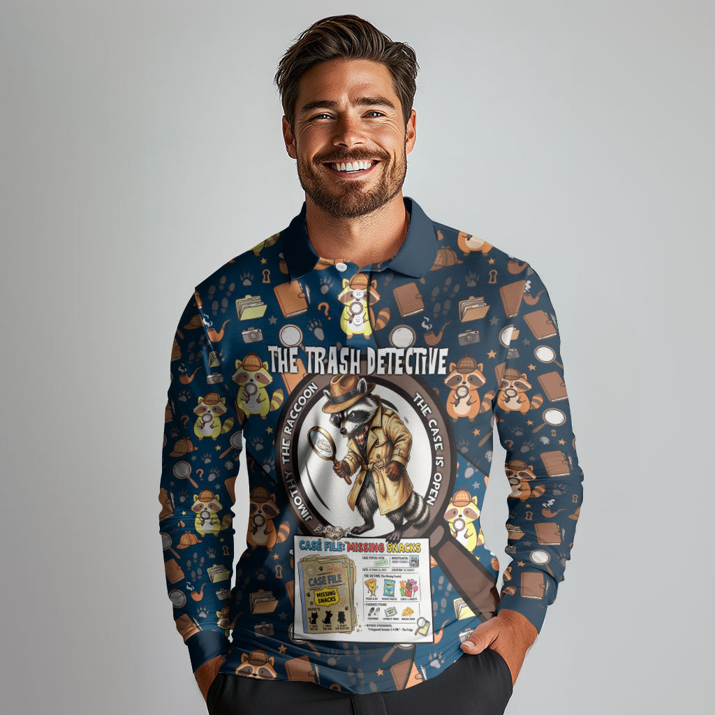 Jimothy The Raccoon The Trash Detective Long Sleeve Polo Shirt Funny Noir Sleuth Missing Snacks Crime Mystery