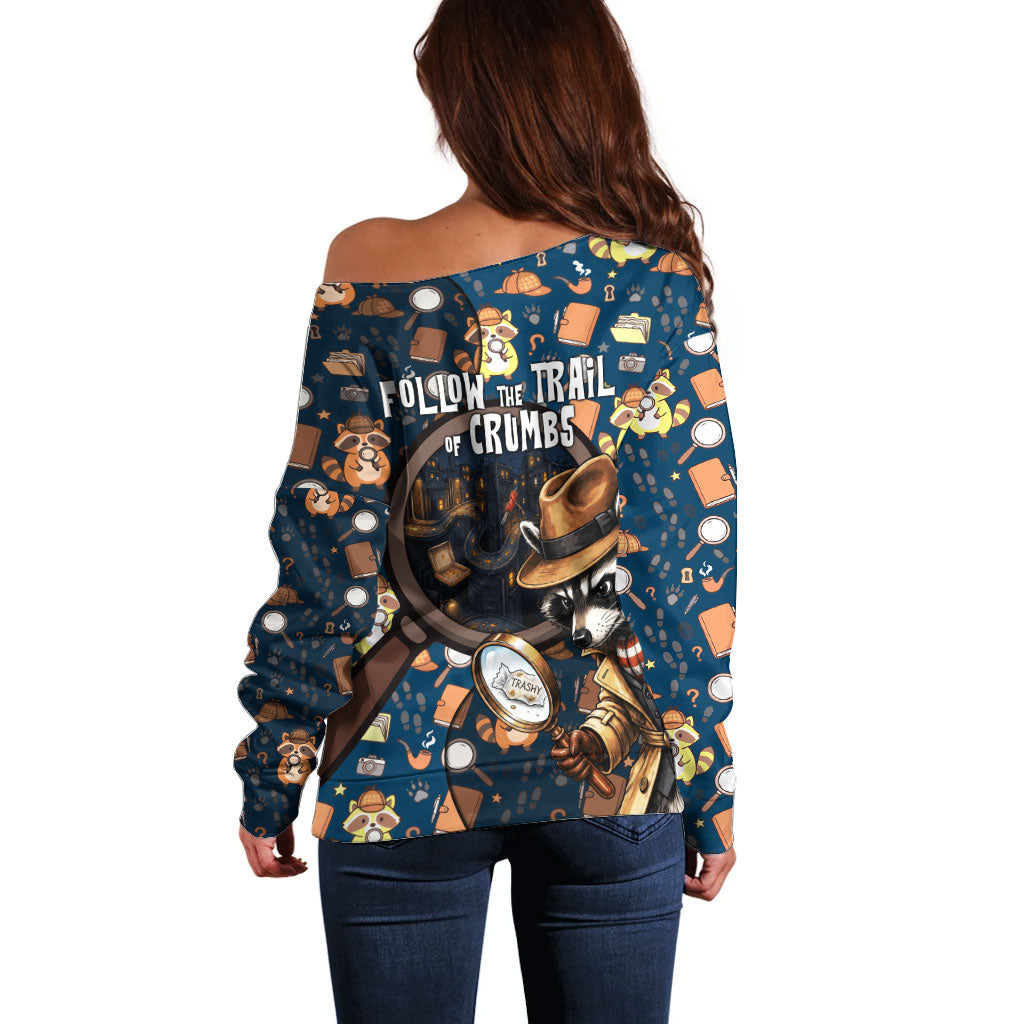 Jimothy The Raccoon The Trash Detective Off Shoulder Sweater Funny Noir Sleuth Missing Snacks Crime Mystery