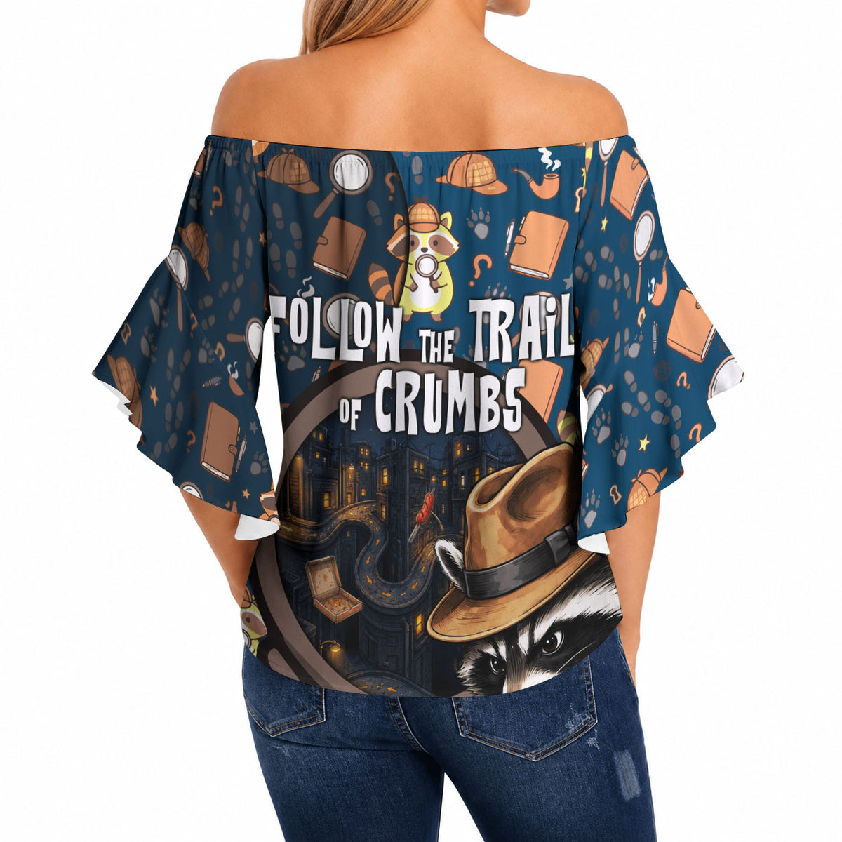 Jimothy The Raccoon The Trash Detective Off Shoulder Wrap Waist Top Funny Noir Sleuth Missing Snacks Crime Mystery