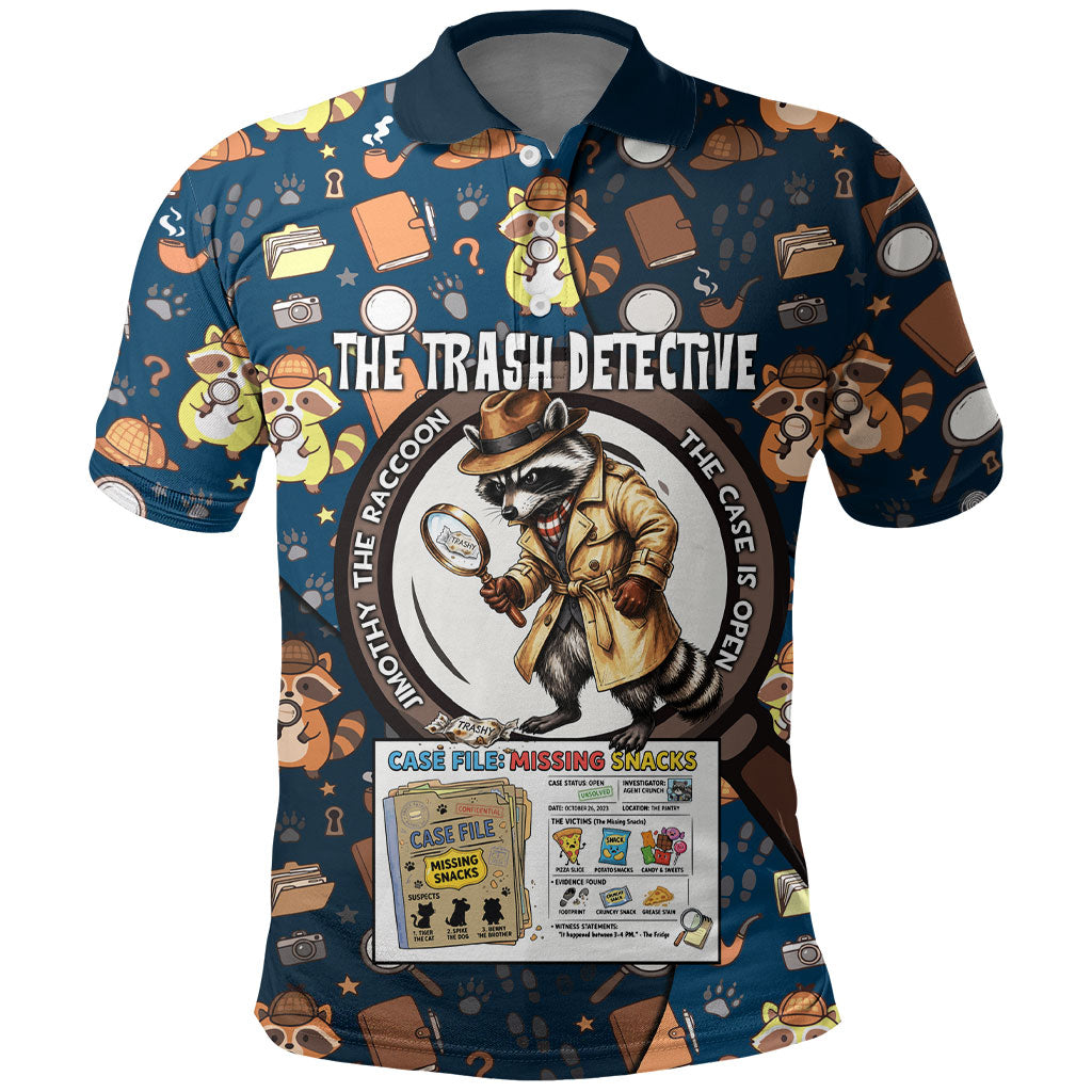 Jimothy The Raccoon The Trash Detective Polo Shirt Funny Noir Sleuth Missing Snacks Crime Mystery
