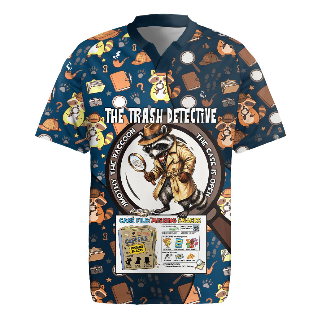 Jimothy The Raccoon The Trash Detective Rugby Jersey Funny Noir Sleuth Missing Snacks Crime Mystery