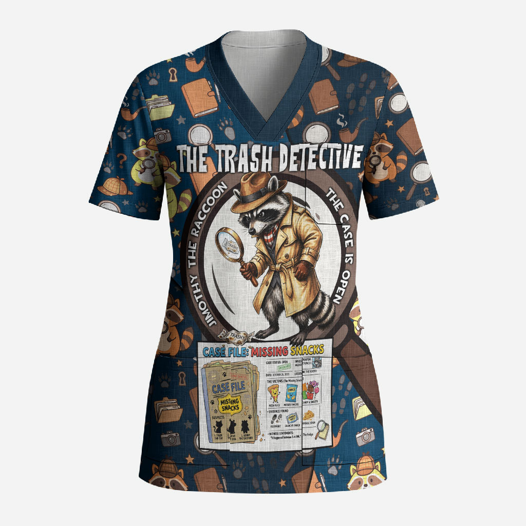 Jimothy The Raccoon The Trash Detective Scrub Top Funny Noir Sleuth Missing Snacks Crime Mystery
