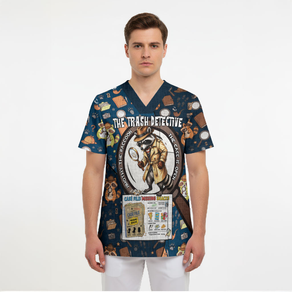 Jimothy The Raccoon The Trash Detective Scrub Top Funny Noir Sleuth Missing Snacks Crime Mystery