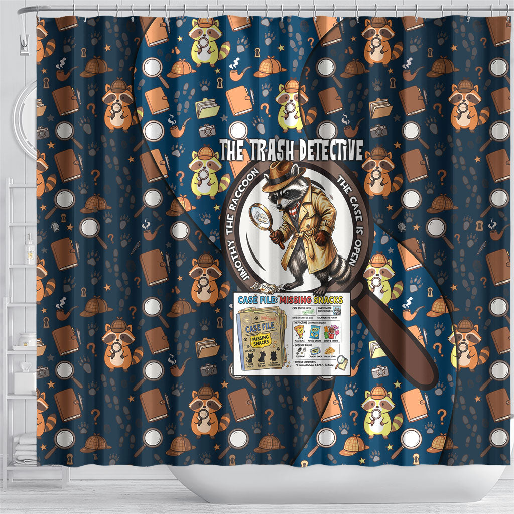 Jimothy The Raccoon The Trash Detective Shower Curtain Funny Noir Sleuth Missing Snacks Crime Mystery