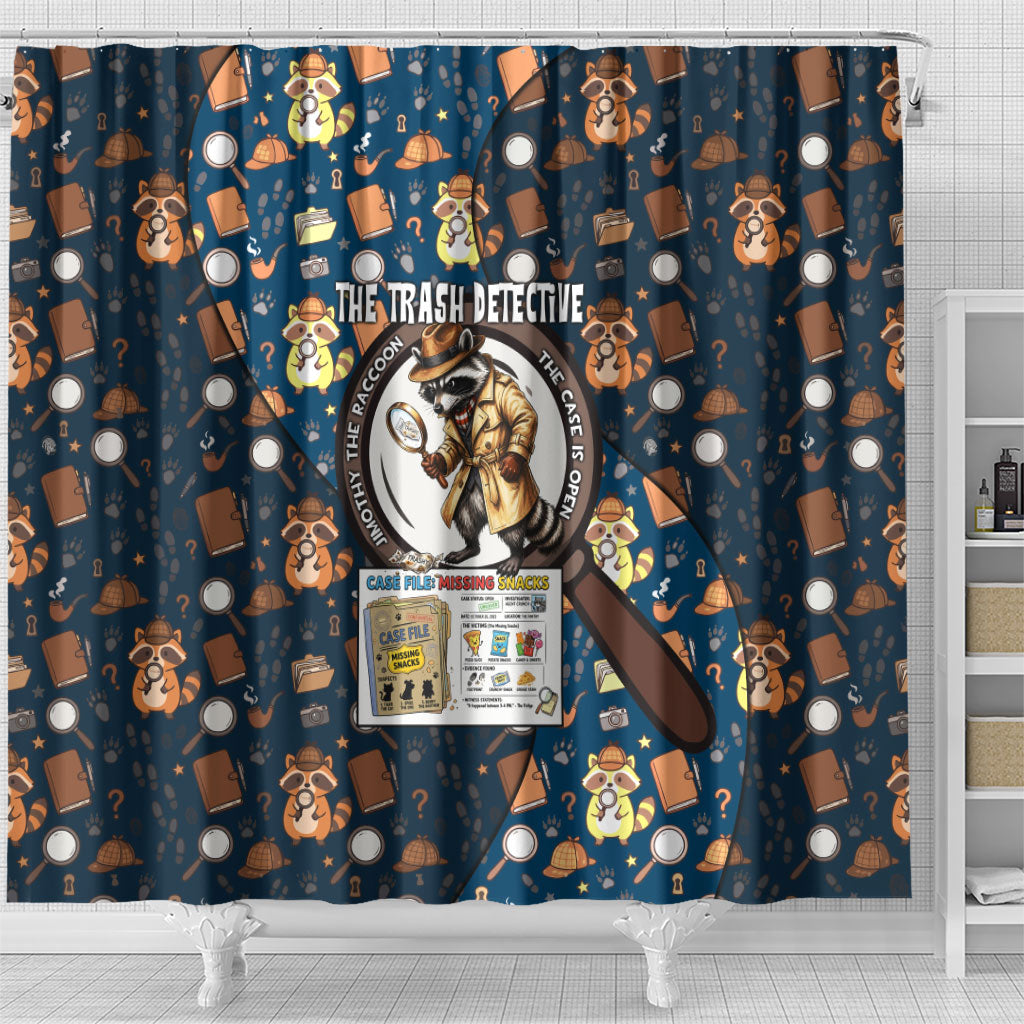 Jimothy The Raccoon The Trash Detective Shower Curtain Funny Noir Sleuth Missing Snacks Crime Mystery