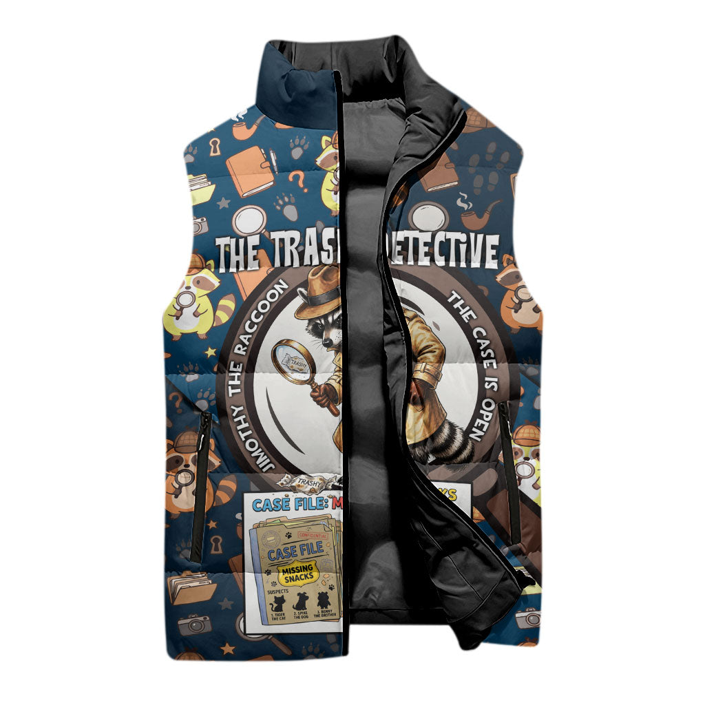 Jimothy The Raccoon The Trash Detective Sleeveless Puffer Jacket Funny Noir Sleuth Missing Snacks Crime Mystery