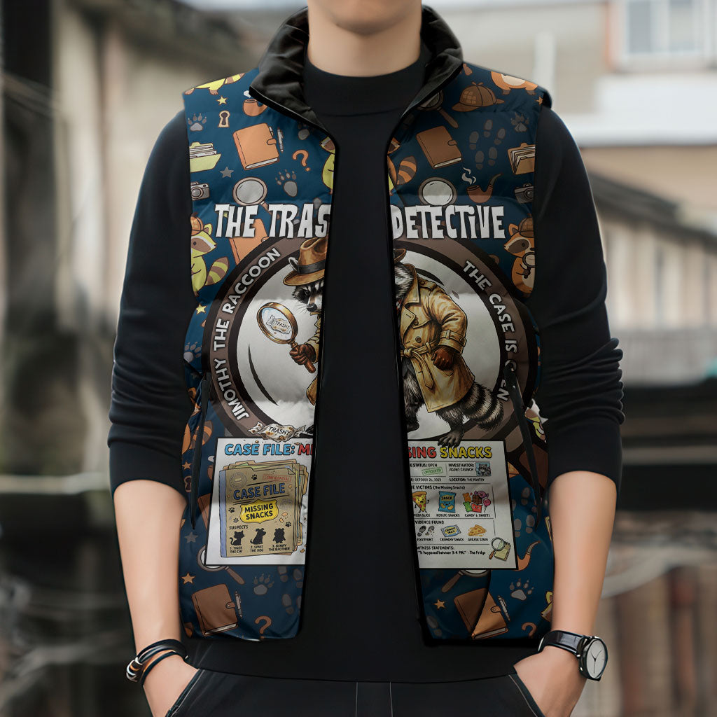 Jimothy The Raccoon The Trash Detective Sleeveless Puffer Jacket Funny Noir Sleuth Missing Snacks Crime Mystery