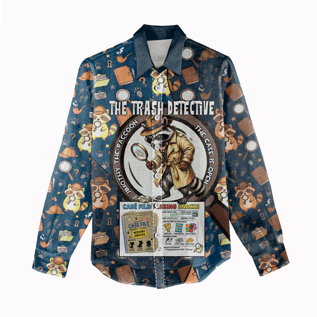 Jimothy The Raccoon The Trash Detective Women Casual Shirt Funny Noir Sleuth Missing Snacks Crime Mystery