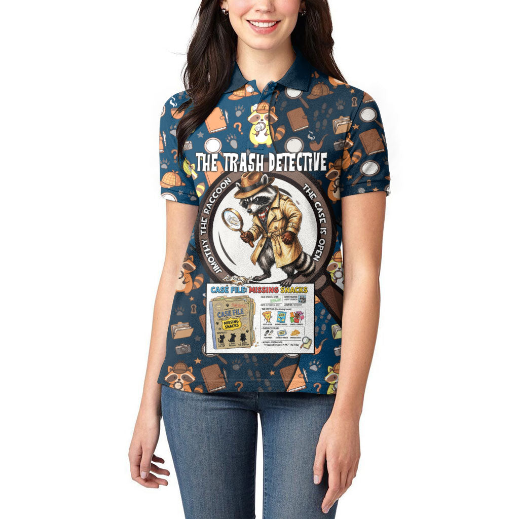 Jimothy The Raccoon The Trash Detective Women Polo Shirt Funny Noir Sleuth Missing Snacks Crime Mystery
