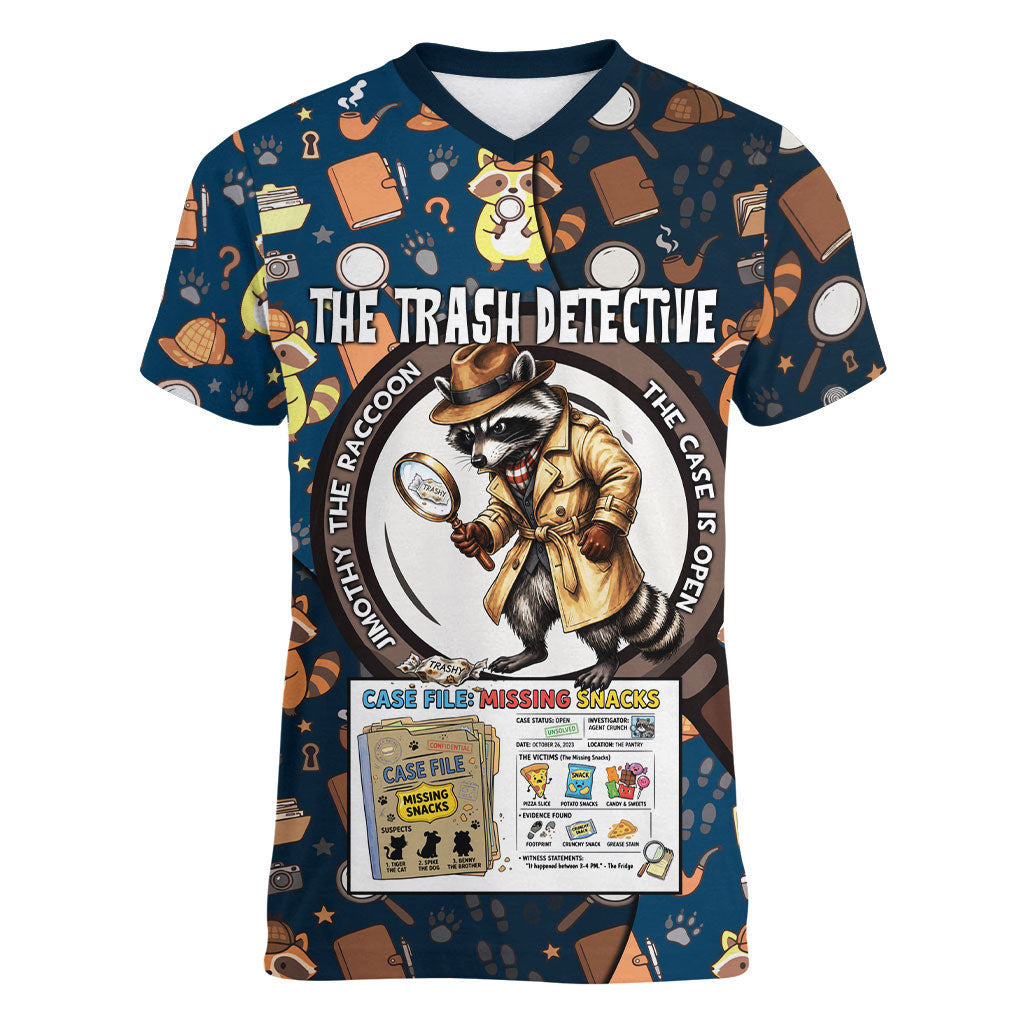Jimothy The Raccoon The Trash Detective Women V-Neck T-Shirt Funny Noir Sleuth Missing Snacks Crime Mystery