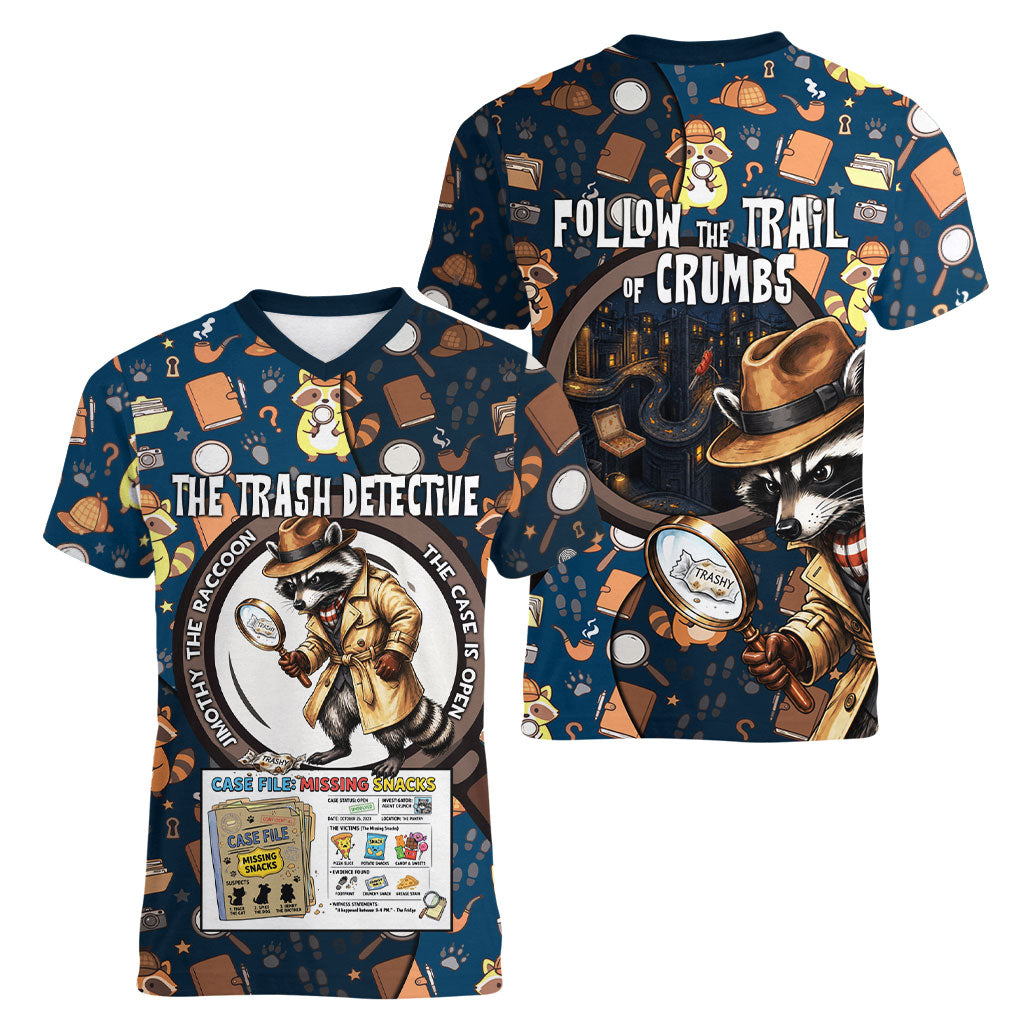 Jimothy The Raccoon The Trash Detective Women V-Neck T-Shirt Funny Noir Sleuth Missing Snacks Crime Mystery