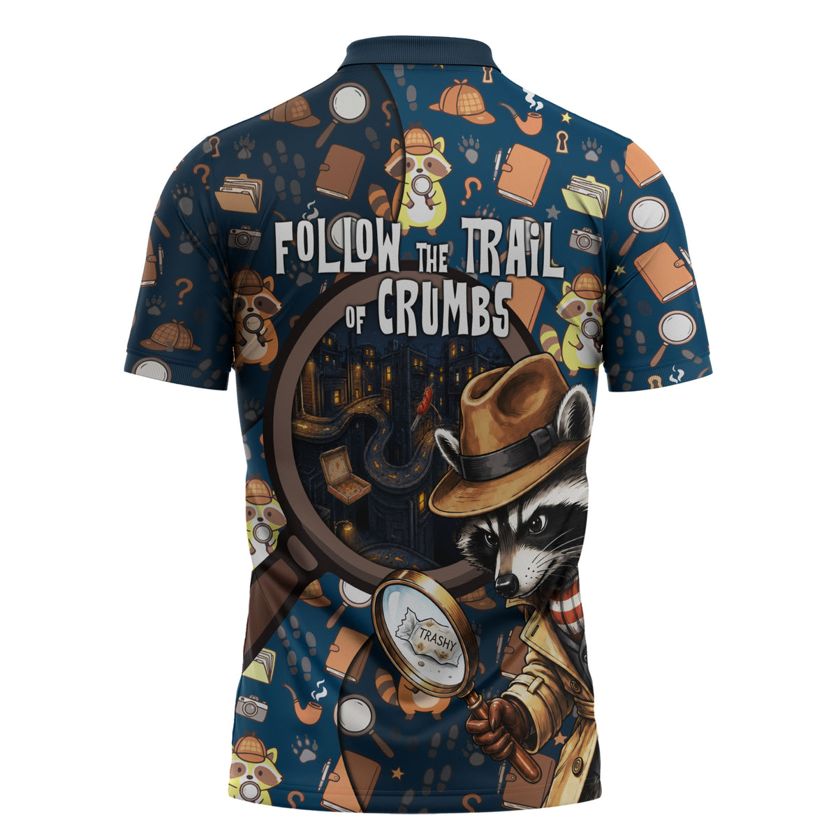 Jimothy The Raccoon The Trash Detective Zipper Polo Shirt Funny Noir Sleuth Missing Snacks Crime Mystery