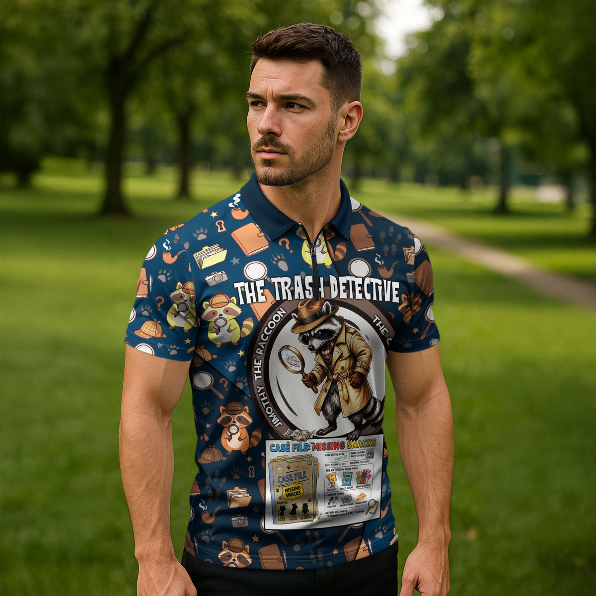 Jimothy The Raccoon The Trash Detective Zipper Polo Shirt Funny Noir Sleuth Missing Snacks Crime Mystery