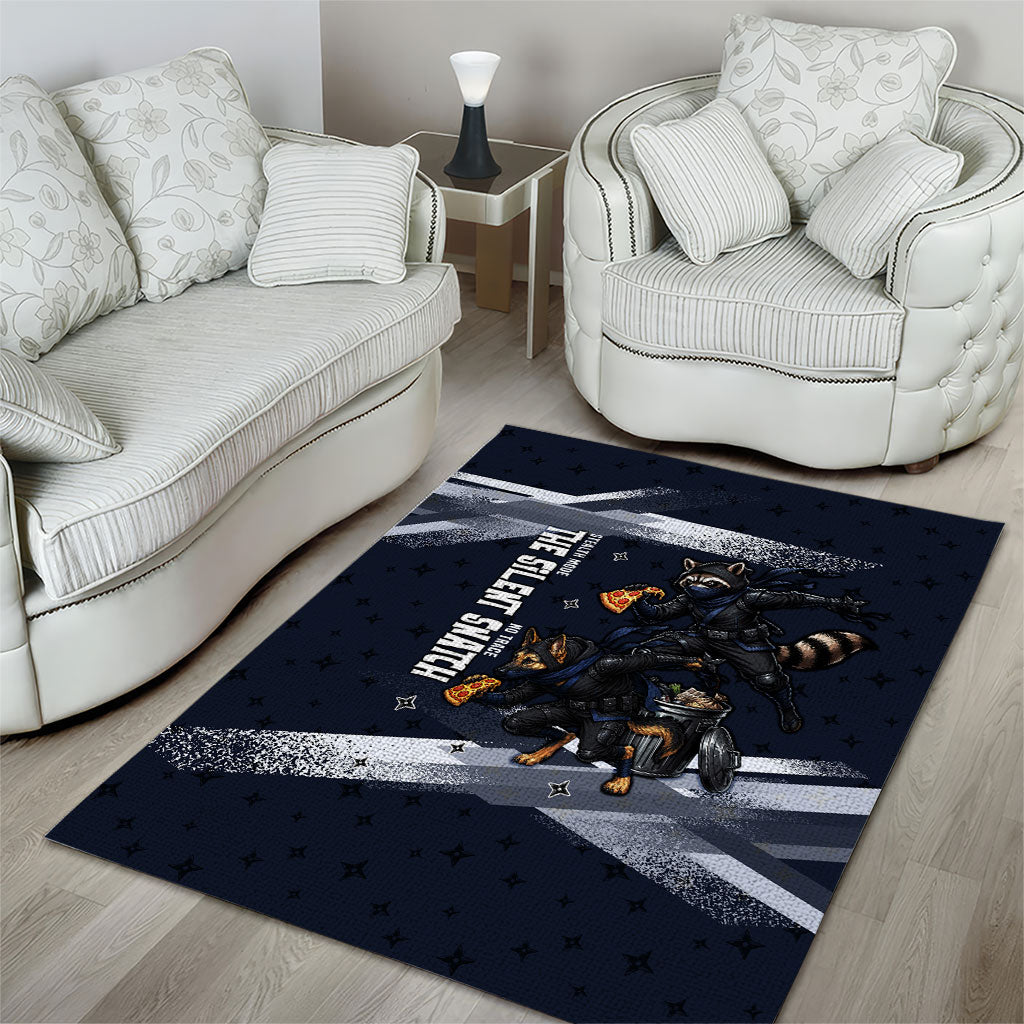 Ninja Raccoon Quasimodo Pizza Heist Area Rug Night Stealth Scene Detailed Pizza Slices