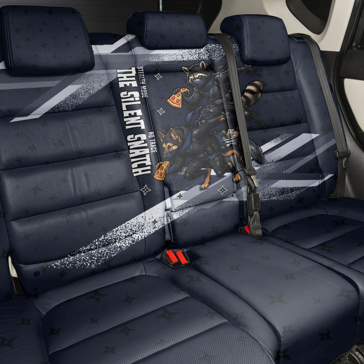Ninja Raccoon Quasimodo Pizza Heist Back Car Seat Cover Night Stealth Scene Detailed Pizza Slices