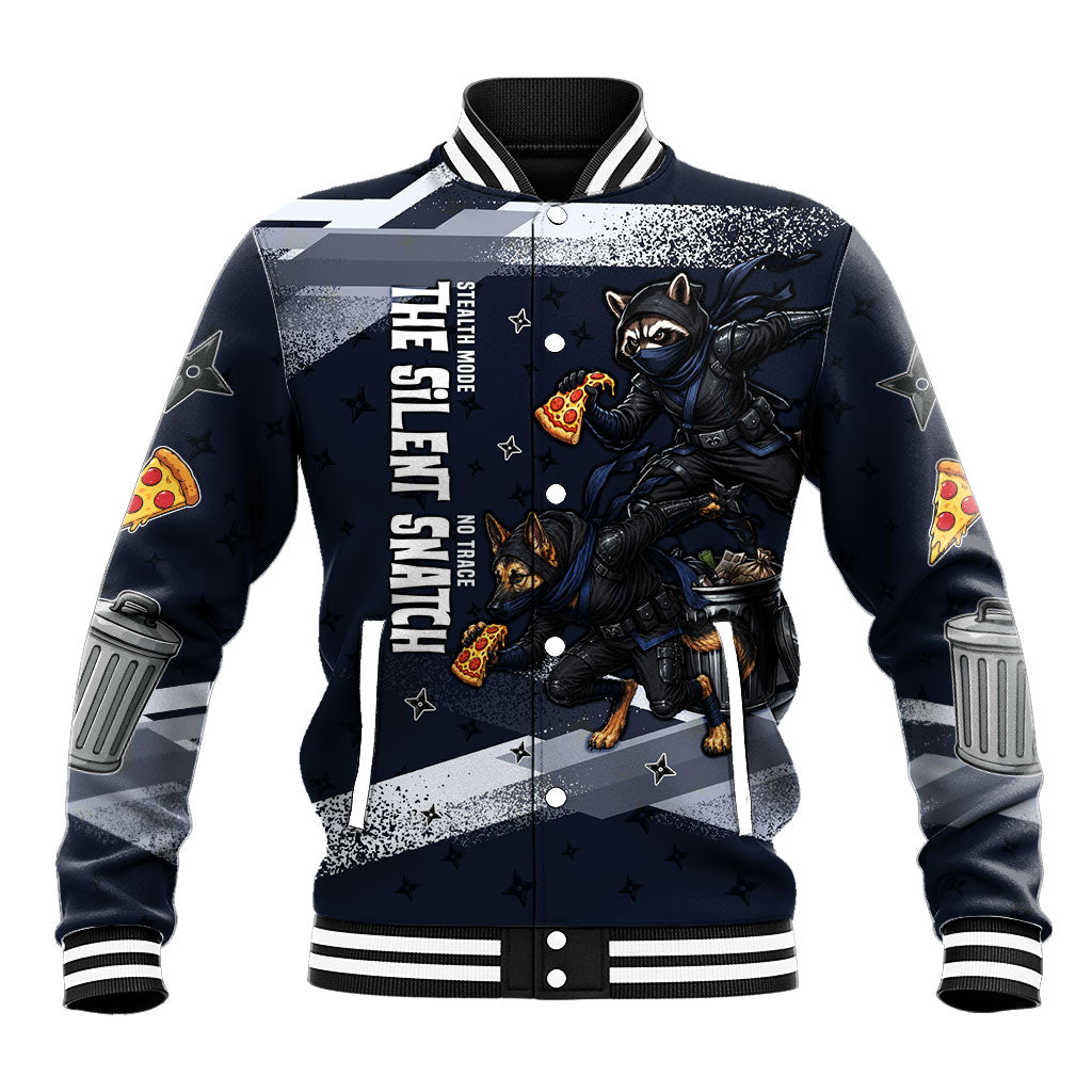 Ninja Raccoon Quasimodo Pizza Heist Baseball Jacket Night Stealth Scene Detailed Pizza Slices