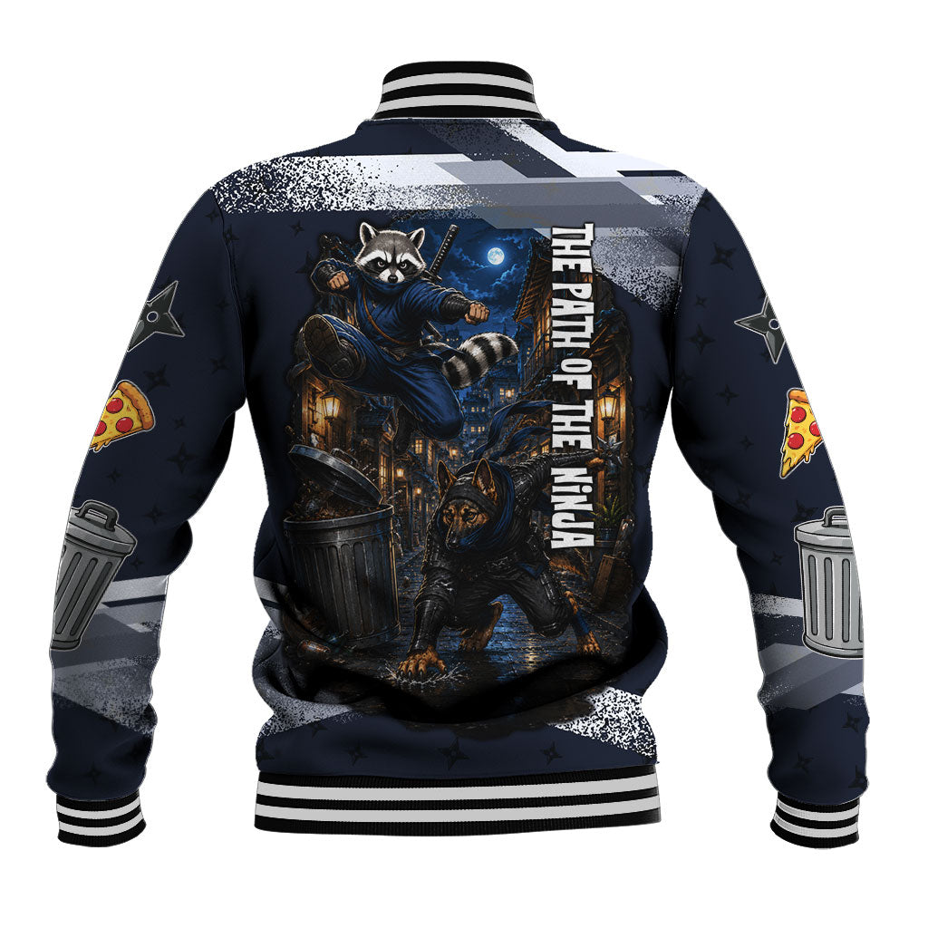 Ninja Raccoon Quasimodo Pizza Heist Baseball Jacket Night Stealth Scene Detailed Pizza Slices