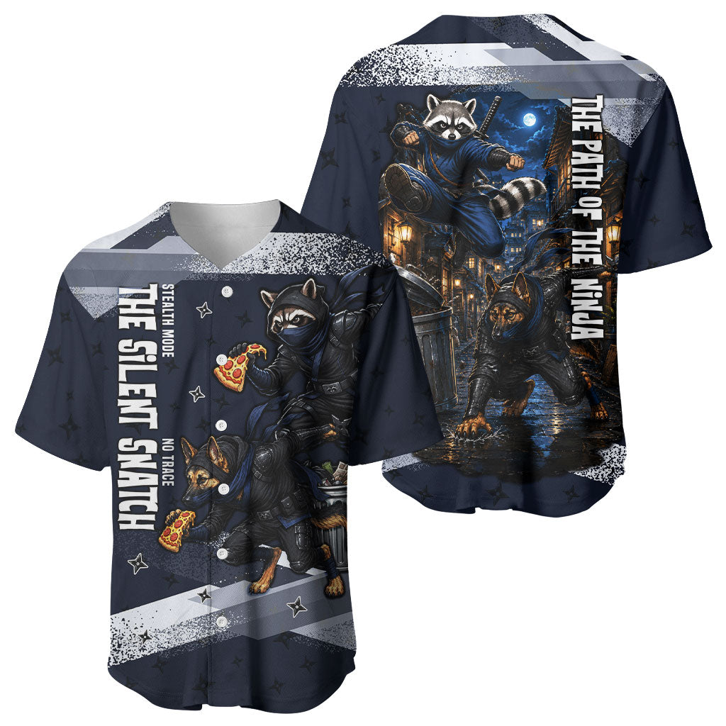 Ninja Raccoon Quasimodo Pizza Heist Baseball Jersey Night Stealth Scene Detailed Pizza Slices