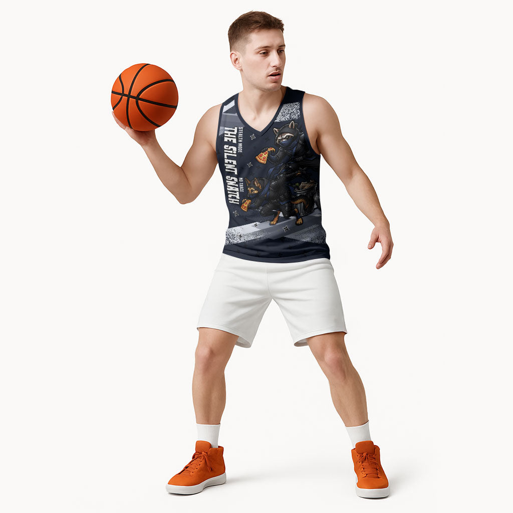 Ninja Raccoon Quasimodo Pizza Heist Basketball Jersey Night Stealth Scene Detailed Pizza Slices