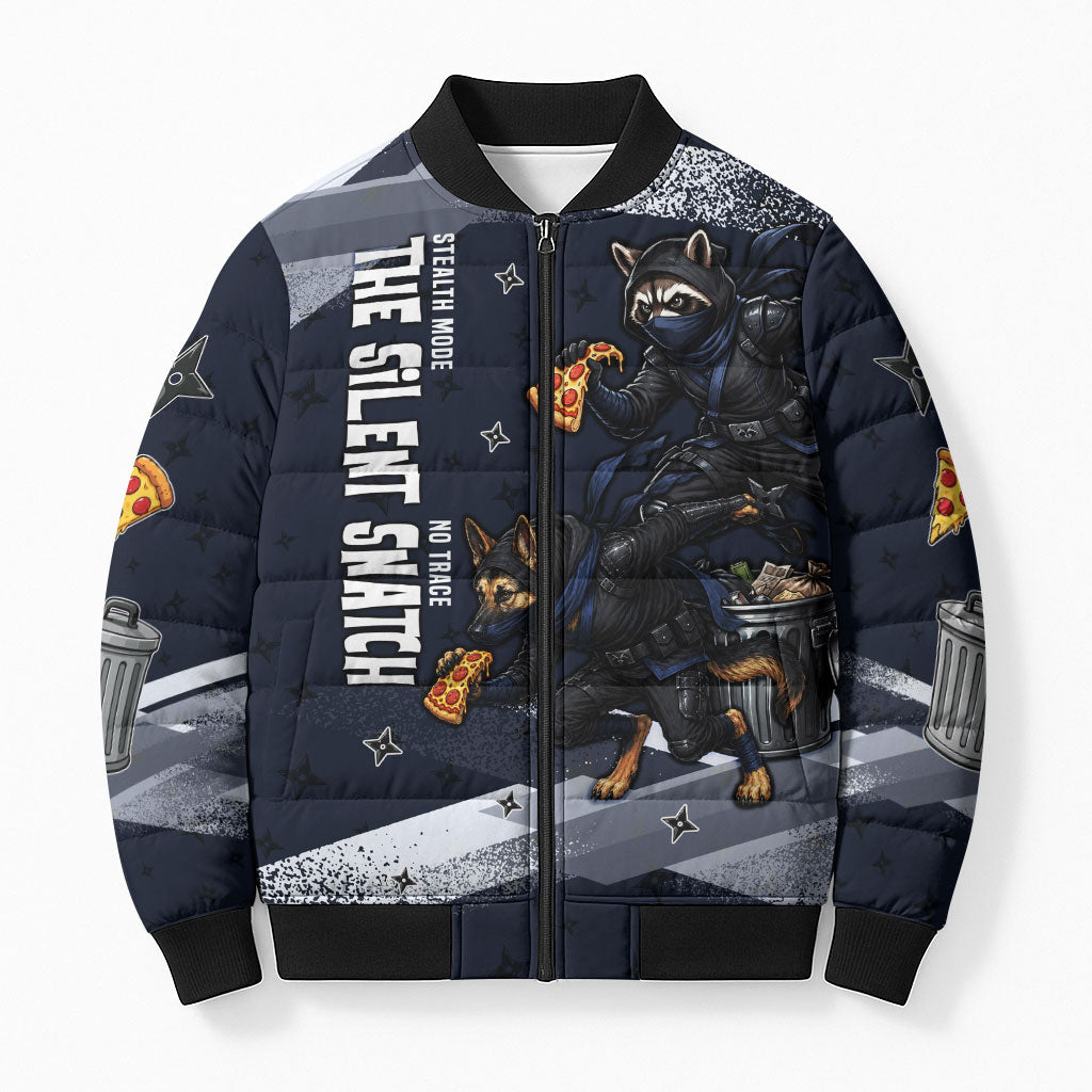 Ninja Raccoon Quasimodo Pizza Heist Bomber Puffer Jacket Night Stealth Scene Detailed Pizza Slices