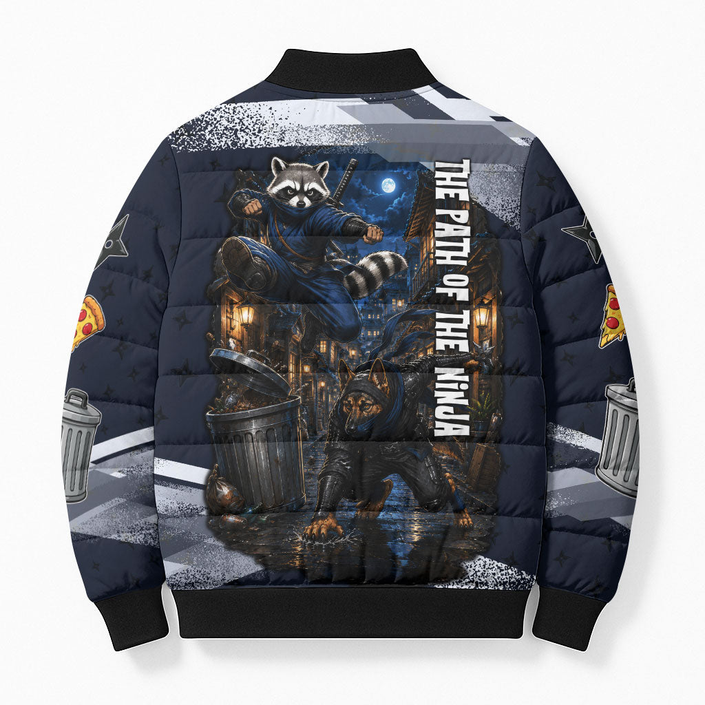 Ninja Raccoon Quasimodo Pizza Heist Bomber Puffer Jacket Night Stealth Scene Detailed Pizza Slices