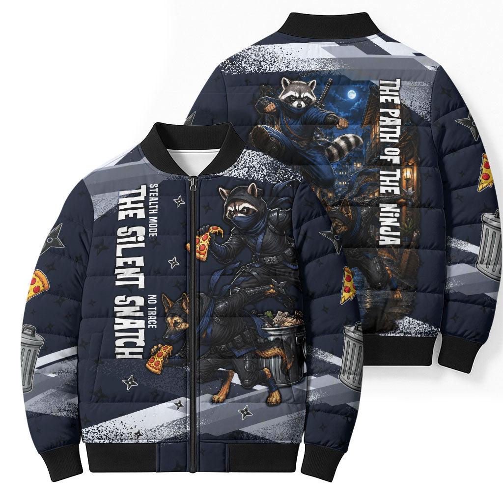 Ninja Raccoon Quasimodo Pizza Heist Bomber Puffer Jacket Night Stealth Scene Detailed Pizza Slices