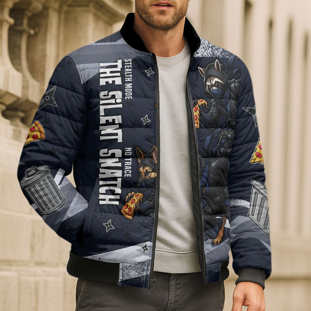 Ninja Raccoon Quasimodo Pizza Heist Bomber Puffer Jacket Night Stealth Scene Detailed Pizza Slices