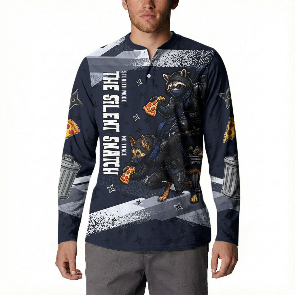 Ninja Raccoon Quasimodo Pizza Heist Button Sweatshirt Night Stealth Scene Detailed Pizza Slices