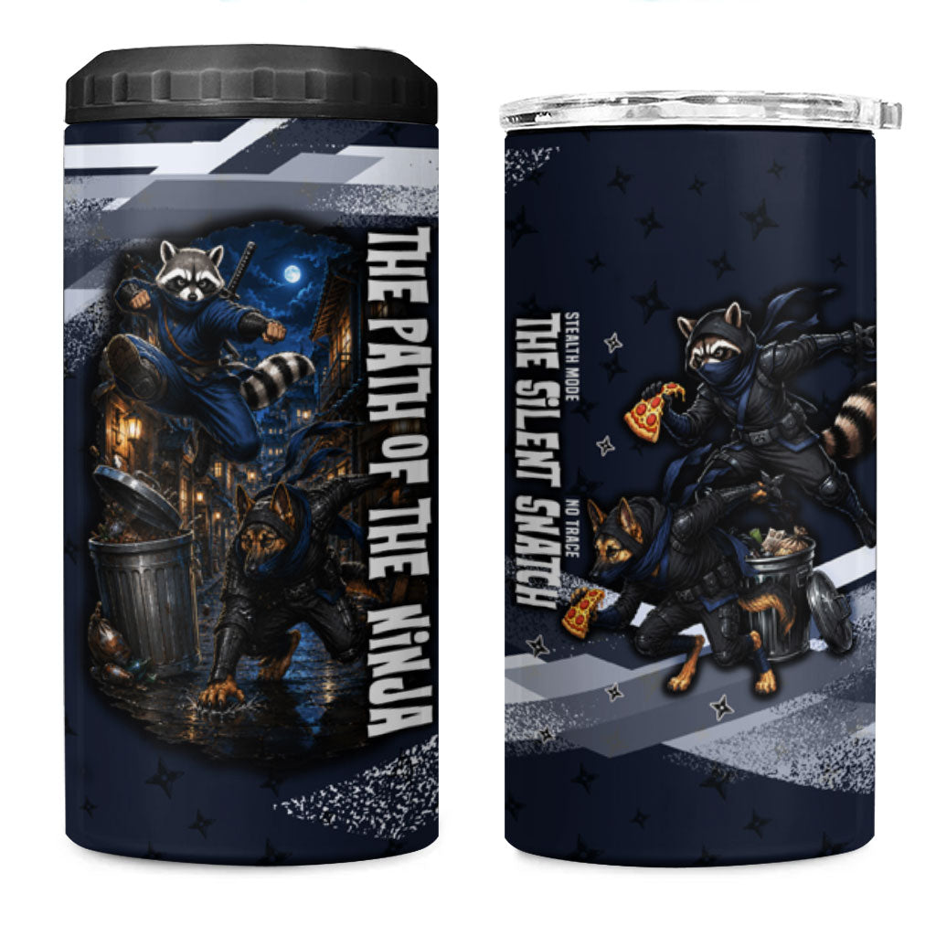Ninja Raccoon Quasimodo Pizza Heist 4 in 1 Can Cooler Tumbler Night Stealth Scene Detailed Pizza Slices