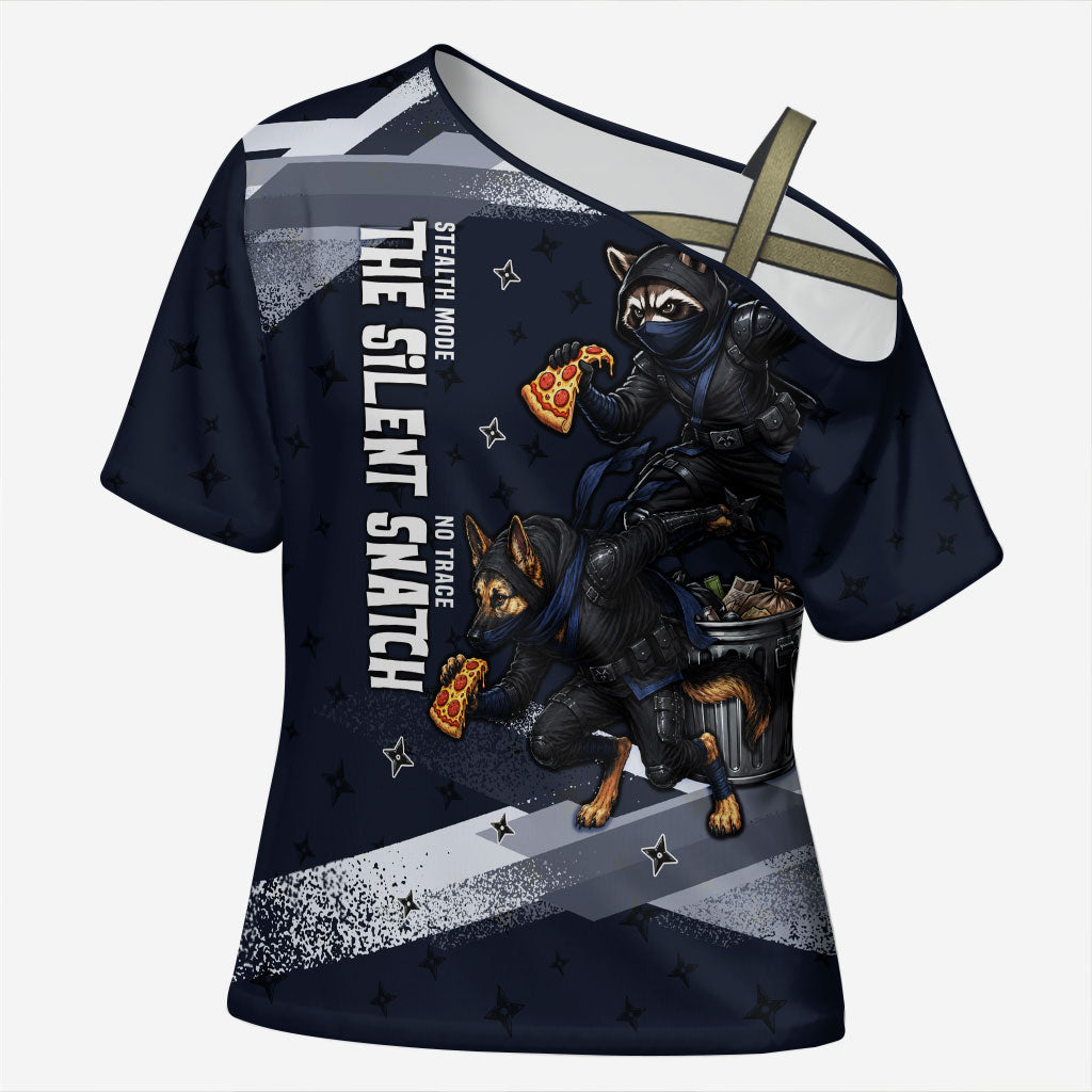 Ninja Raccoon Quasimodo Pizza Heist Cross Shoulder Shirt Night Stealth Scene Detailed Pizza Slices