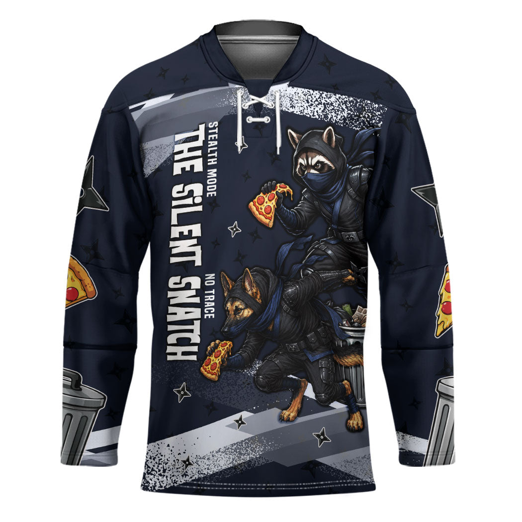 Ninja Raccoon Quasimodo Pizza Heist Hockey Jersey Night Stealth Scene Detailed Pizza Slices