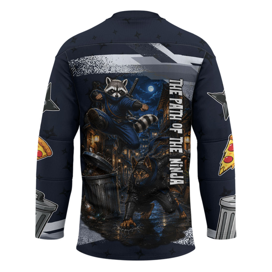 Ninja Raccoon Quasimodo Pizza Heist Hockey Jersey Night Stealth Scene Detailed Pizza Slices